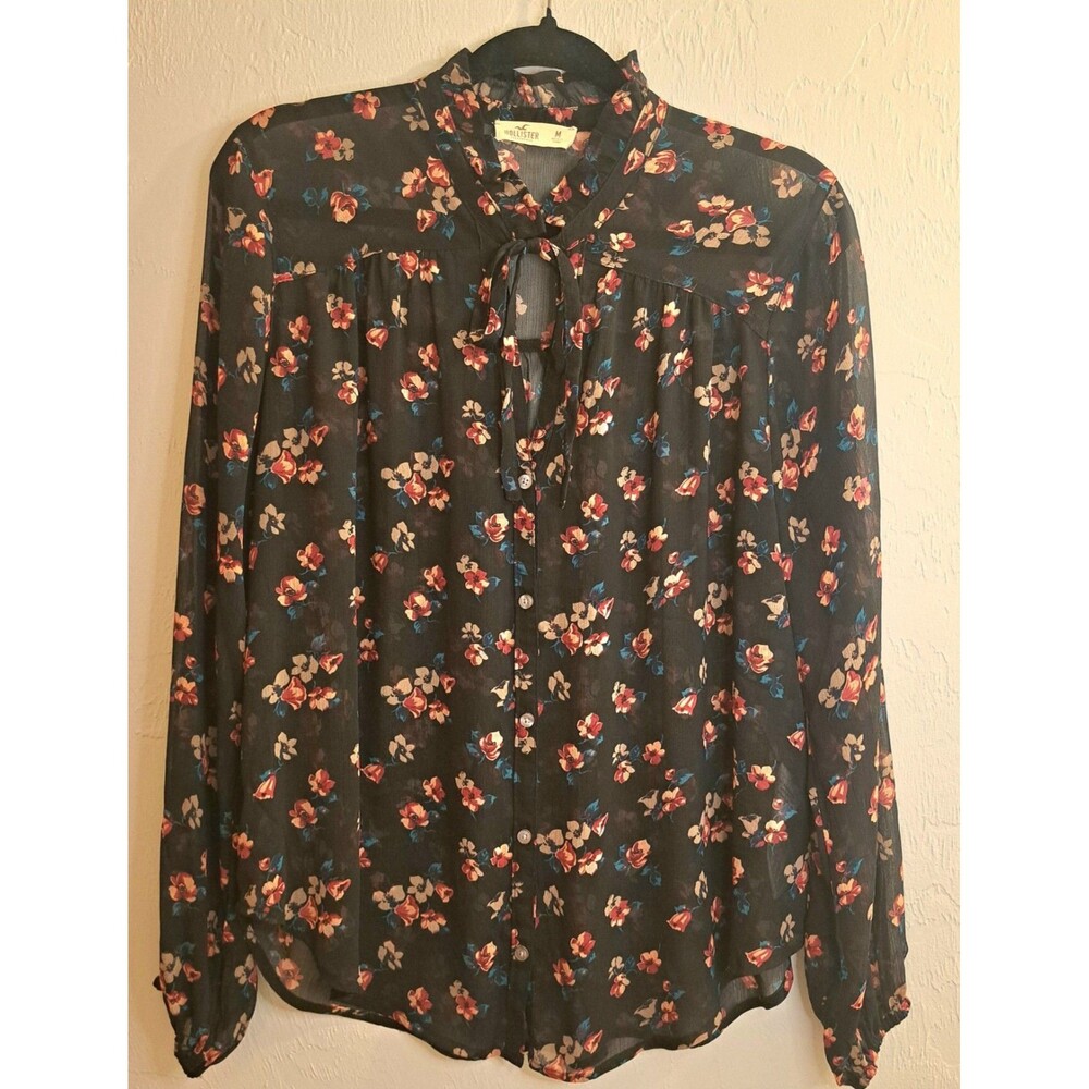 Hollister Black Floral Sheer Chiffon Button Tie Ruffle Long Sleeve Blouse M Edgy